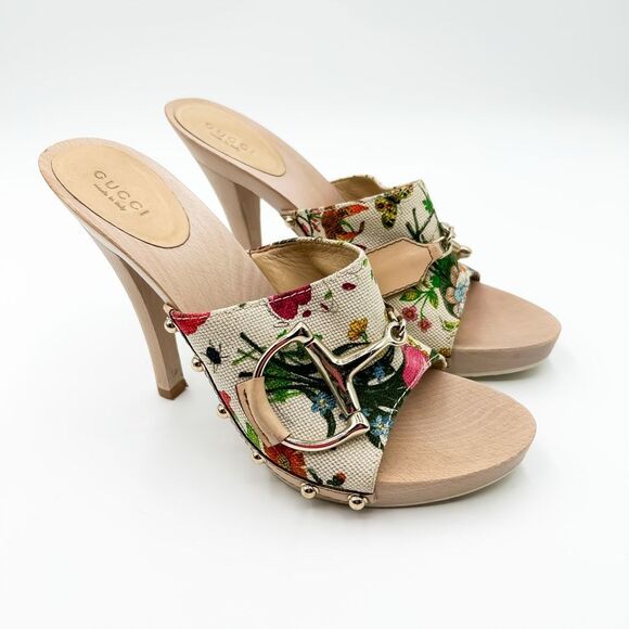Gucci Horsebit Platform Floral Mules Sandals Heels Size 38, 8 - Picture 2 of 12